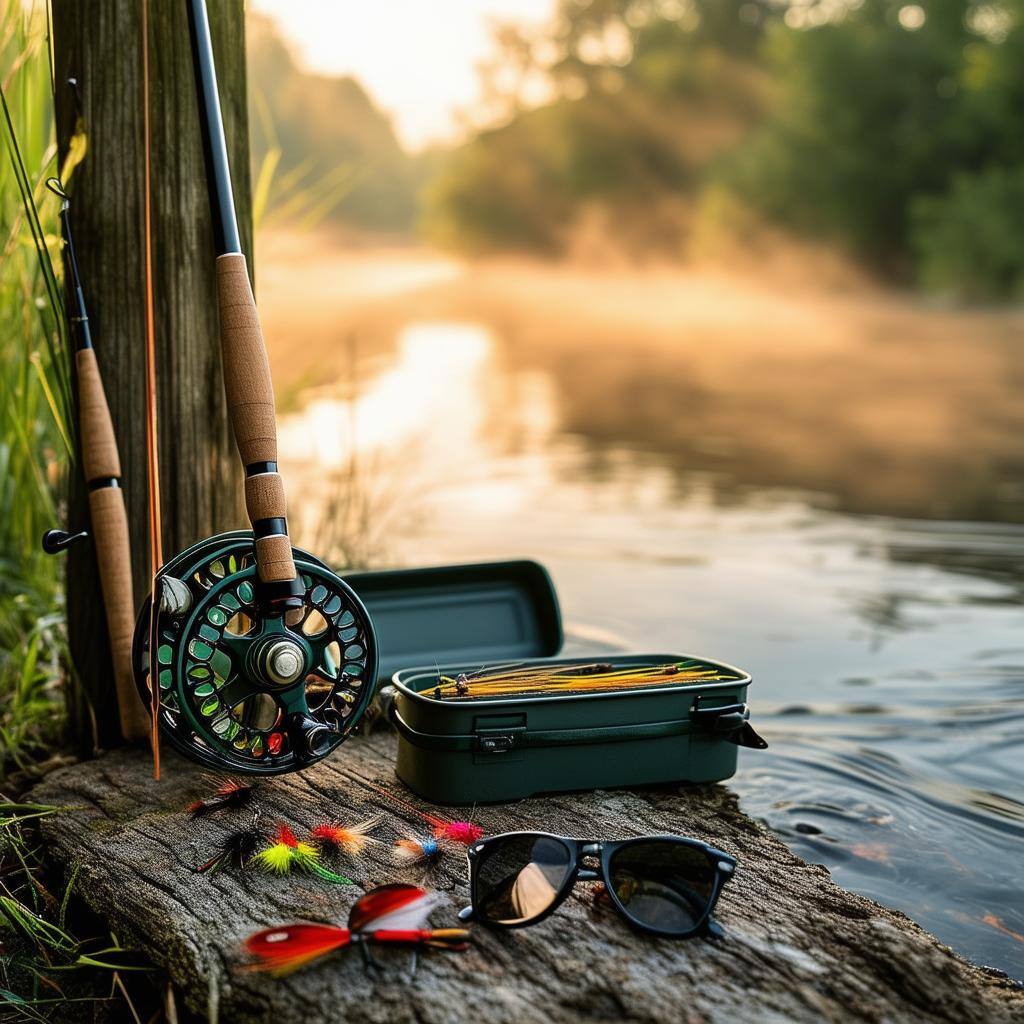 The image depicts a serene riverbank at dawn, with mist rising off the waters surface