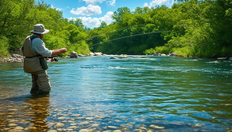 The image depicts a serene riverside scene at midday, where a lone angler stands in shallow water, casting a fly rod-2