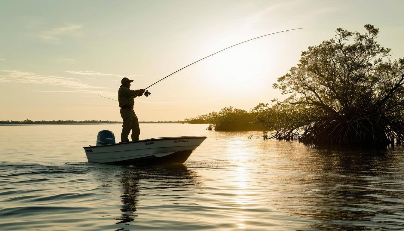 fly fisherman casting out towards a mangrove bush, standing on a skiff with a pole platform