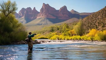 fisherman casting into a river, Colorado mountain backdrop