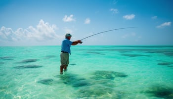 Fisherman casting out in turquoise flats, Fly Fishing for Bonefish.