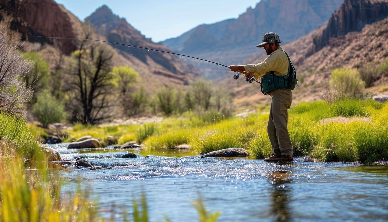 Fly Fisherman fishing for Rainbow Trout, in western canyon setting