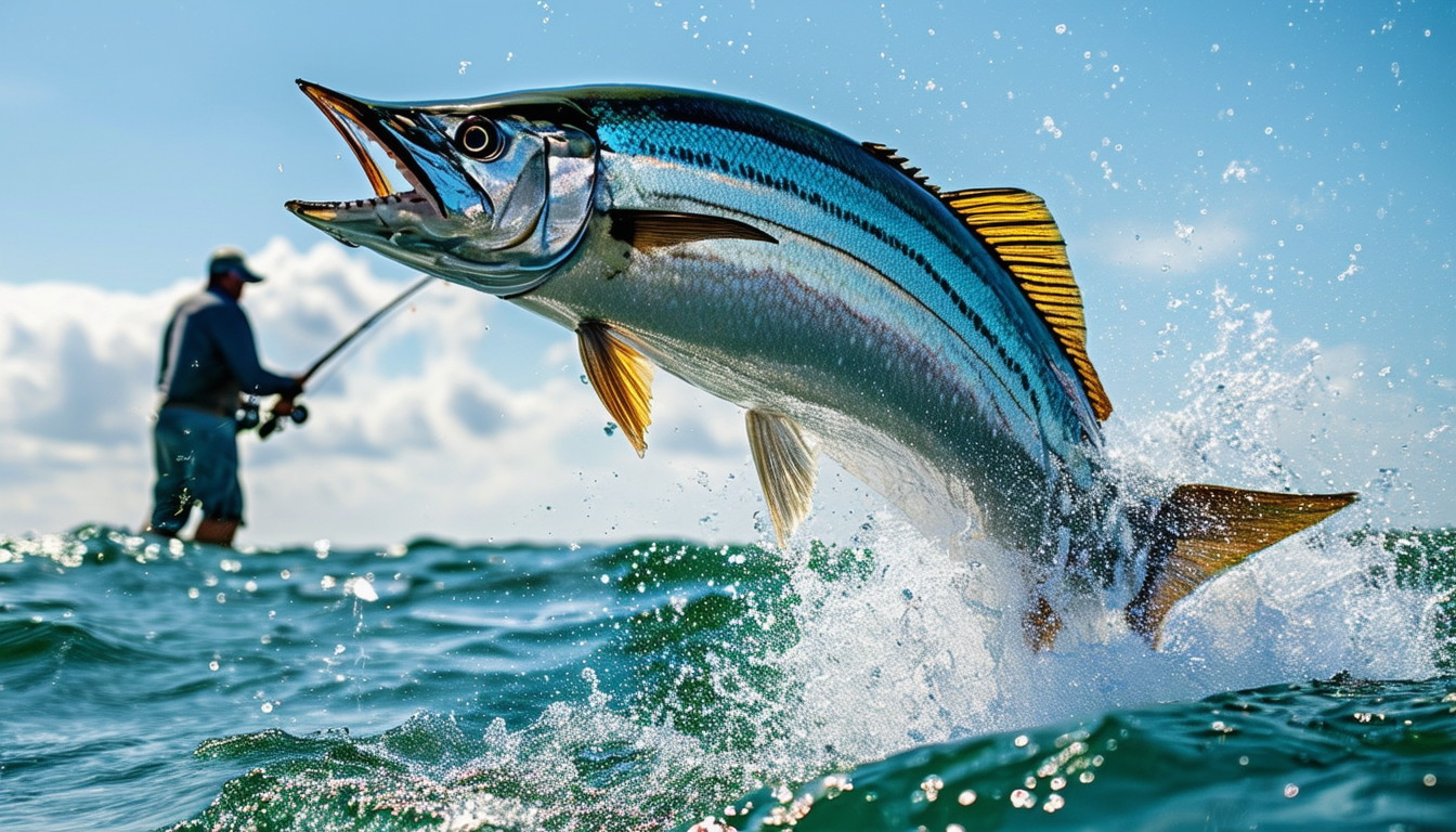 Tarpon Leaping out of water, fly fisherman casting in the distance