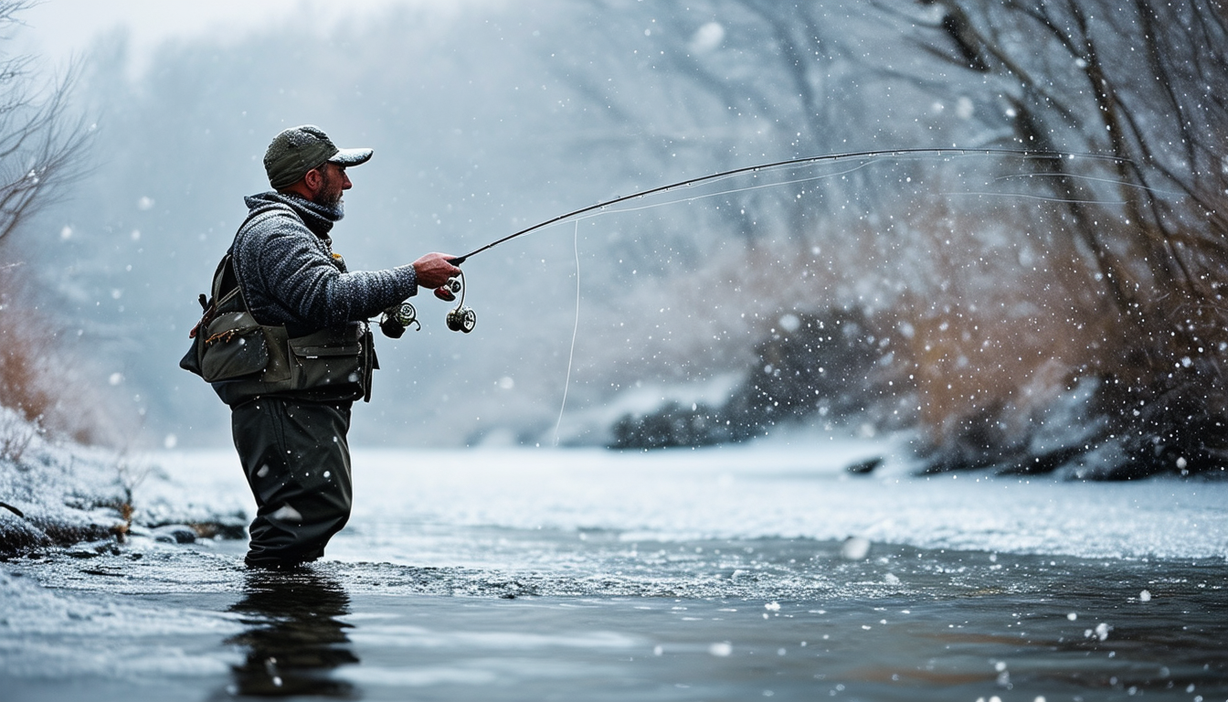 A dedicated fly fisherman standing by a frosty riv