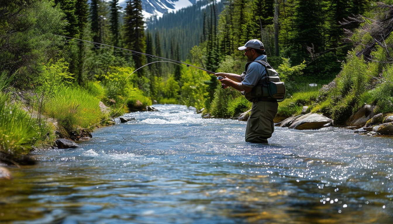 A serene mountain stream with an angler casting a 