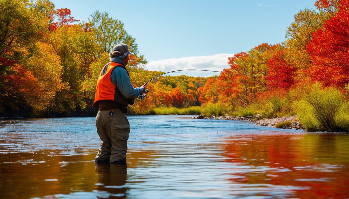 An angler casting a line into a serene river surro