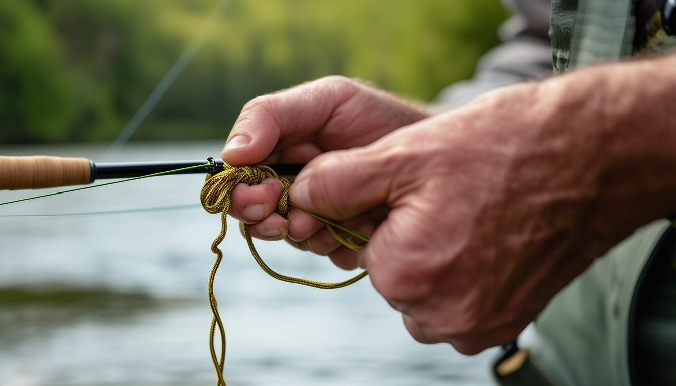 Close-up of hands tying a fly fishing knot with a 